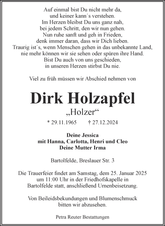 Traueranzeige von Dirk Holzapfel von Harz Kurier