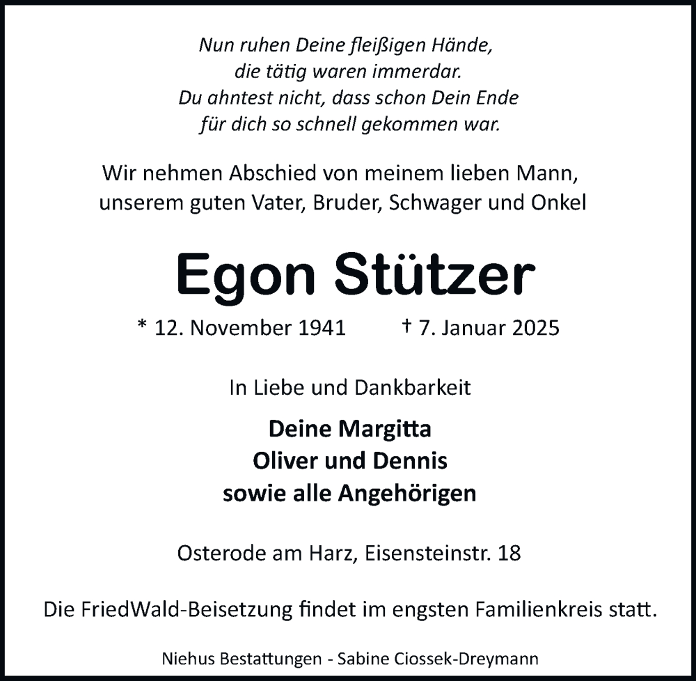  Traueranzeige für Egon Stützer vom 18.01.2025 aus Harz Kurier