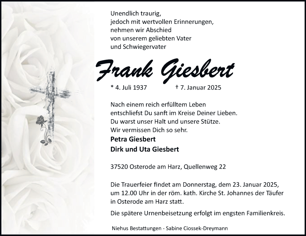  Traueranzeige für Frank Giesbert vom 18.01.2025 aus Harz Kurier