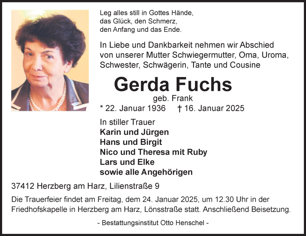  Traueranzeige für Gerda Fuchs vom 21.01.2025 aus Harz Kurier