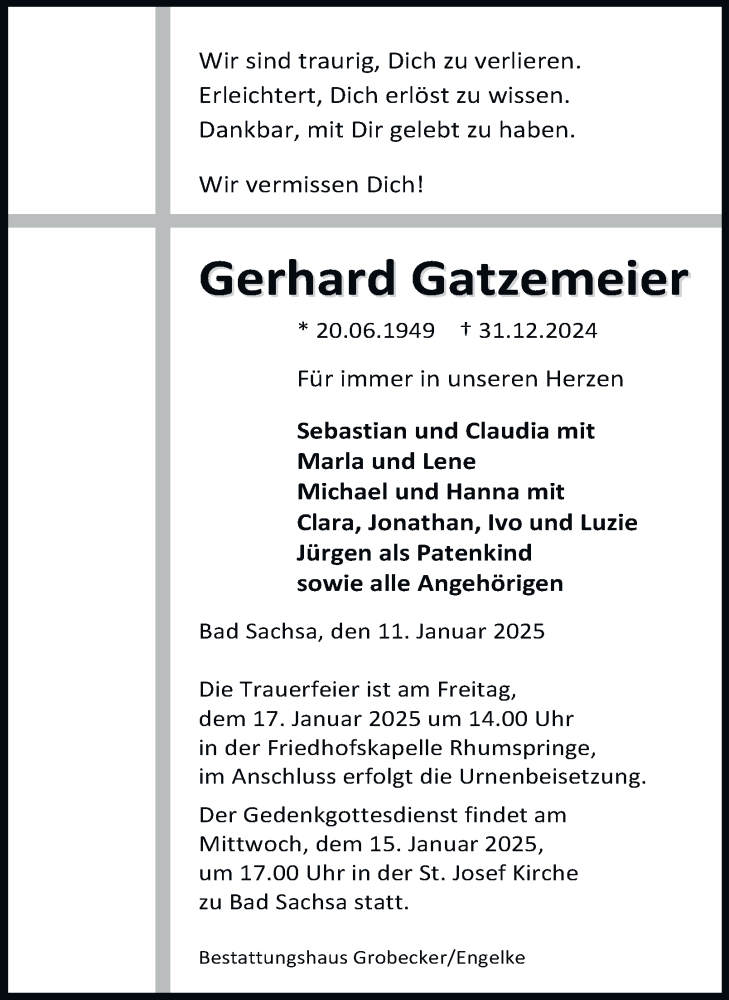  Traueranzeige für Gerhard Gatzemeier vom 11.01.2025 aus Harz Kurier