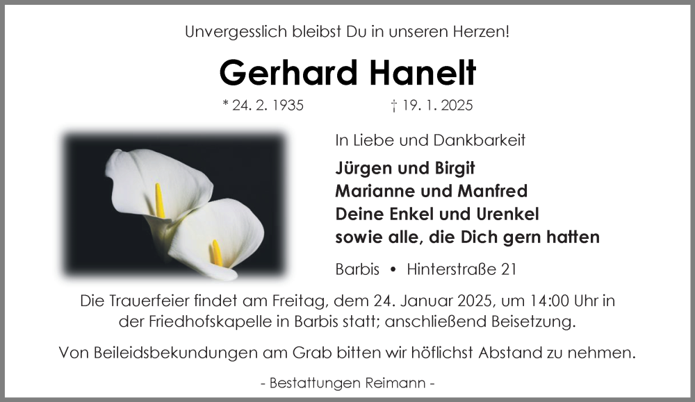  Traueranzeige für Gerhard Hanelt vom 22.01.2025 aus Harz Kurier