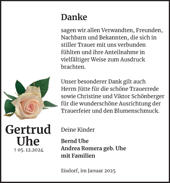Traueranzeige von Gertrud Uhe von Harz Kurier