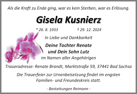 Traueranzeige von Gisela Kusnierz von Harz Kurier