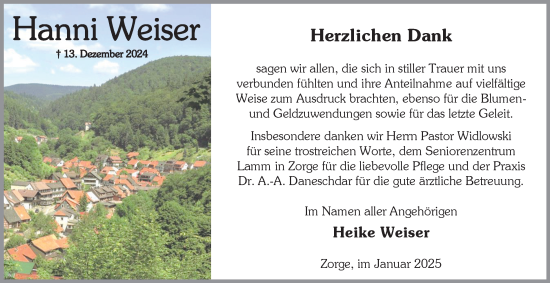 Traueranzeige von Hanni Weiser von Harz Kurier