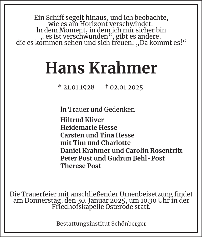  Traueranzeige für Hans Krahmer vom 25.01.2025 aus Harz Kurier