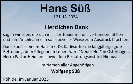 Traueranzeige von Hans Süß von Harz Kurier