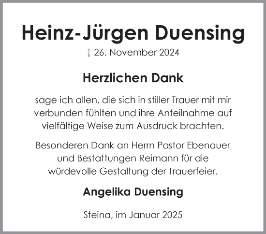 Traueranzeige von Heinz-Jürgen Duensing von Harz Kurier