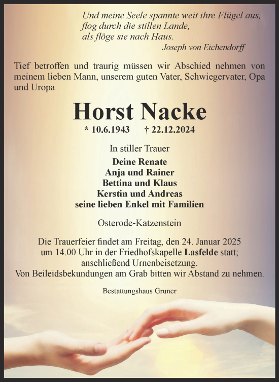Traueranzeige von Horst Nacke von Harz Kurier