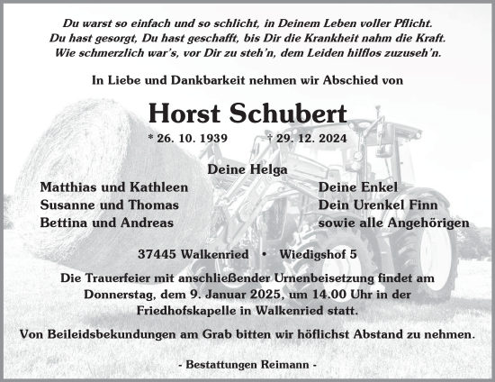 Traueranzeige von Horst Schubert von Harz Kurier