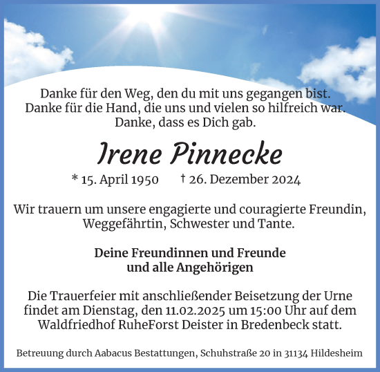 Traueranzeige von Irene Pinnecke von Harz Kurier