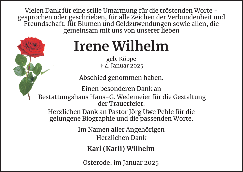  Traueranzeige für Irene Wilhelm vom 25.01.2025 aus Harz Kurier