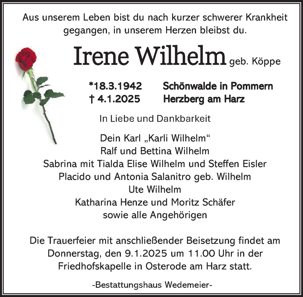  Traueranzeige für Irene Wilhelm vom 08.01.2025 aus Harz Kurier