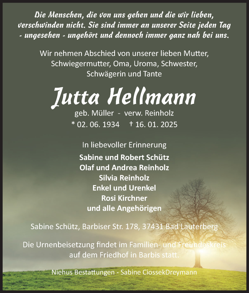  Traueranzeige für Jutta Hellmann vom 25.01.2025 aus Harz Kurier