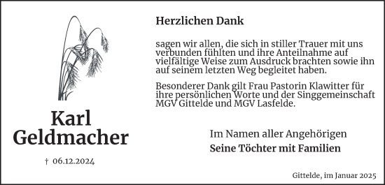 Traueranzeige von Karl Geldmacher von Harz Kurier