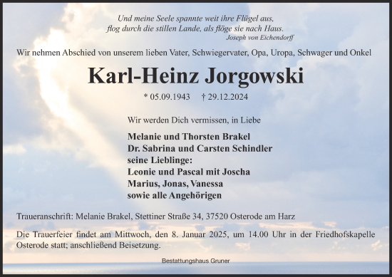 Traueranzeige von Karl-Heinz Jorgowski von Harz Kurier