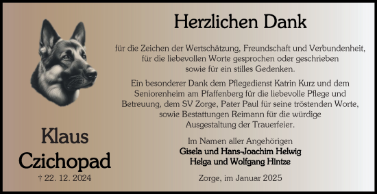 Traueranzeige von Klaus Czichopad von Harz Kurier