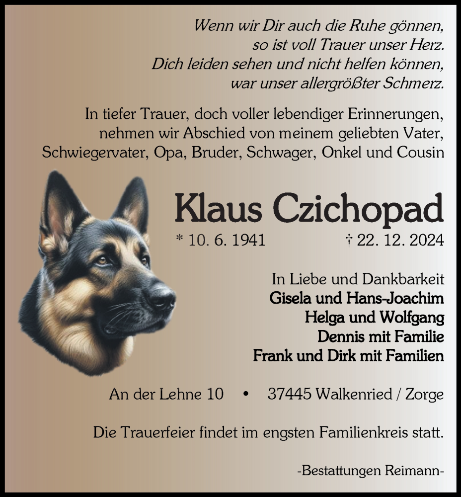  Traueranzeige für Klaus Czichopad vom 04.01.2025 aus Harz Kurier