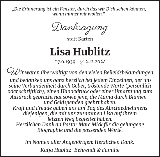 Traueranzeige von Lisa Hublitz von Harz Kurier