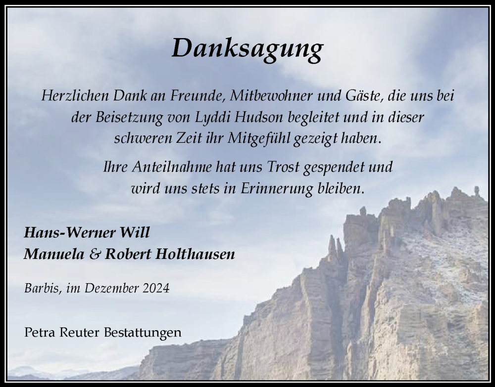  Traueranzeige für Lyddi Hudson vom 04.01.2025 aus Harz Kurier