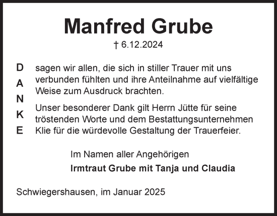 Traueranzeige von Manfred Grube von Harz Kurier