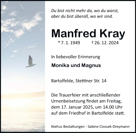 Traueranzeige von Manfred Kray von Harz Kurier
