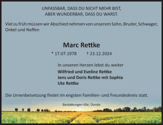 Traueranzeige von Marc Rettke von Harz Kurier