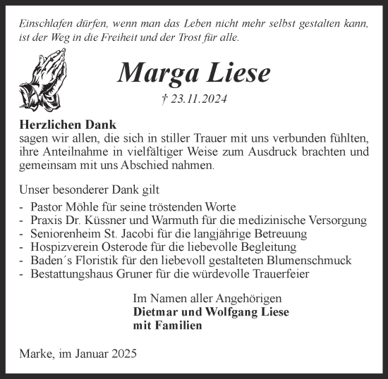 Traueranzeige von Marga Liese von Harz Kurier