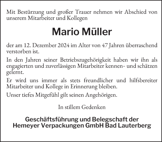 Traueranzeige von Mario Müller von Harz Kurier