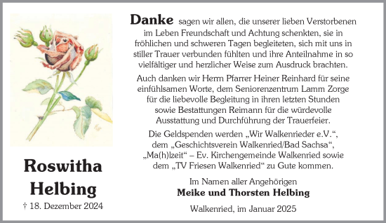 Traueranzeige von Roswitha Helbing von Harz Kurier