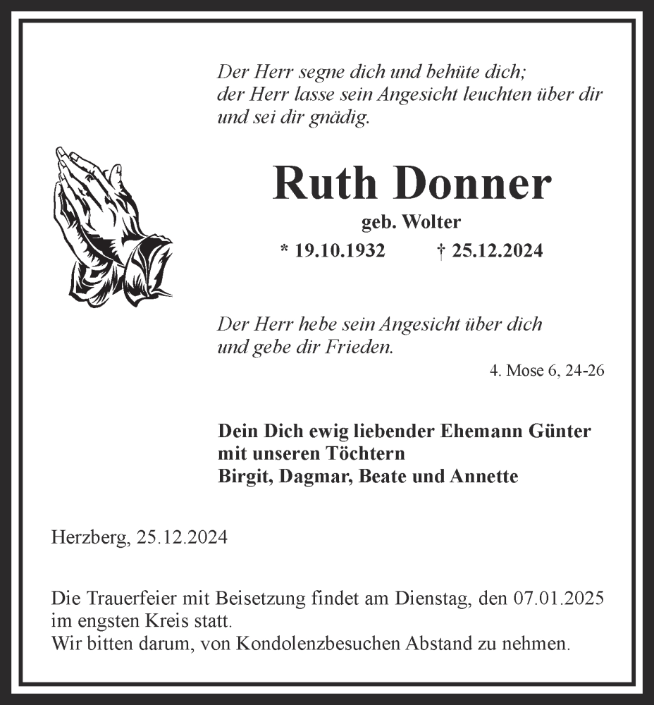  Traueranzeige für Ruth Donner vom 04.01.2025 aus Harz Kurier