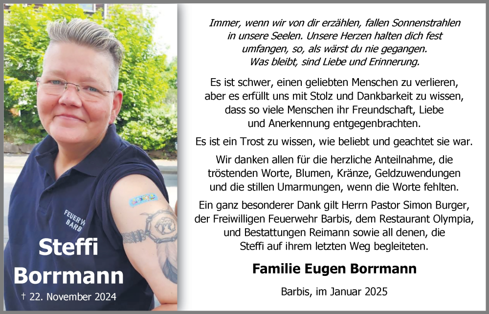  Traueranzeige für Steffi Borrmann vom 11.01.2025 aus Harz Kurier