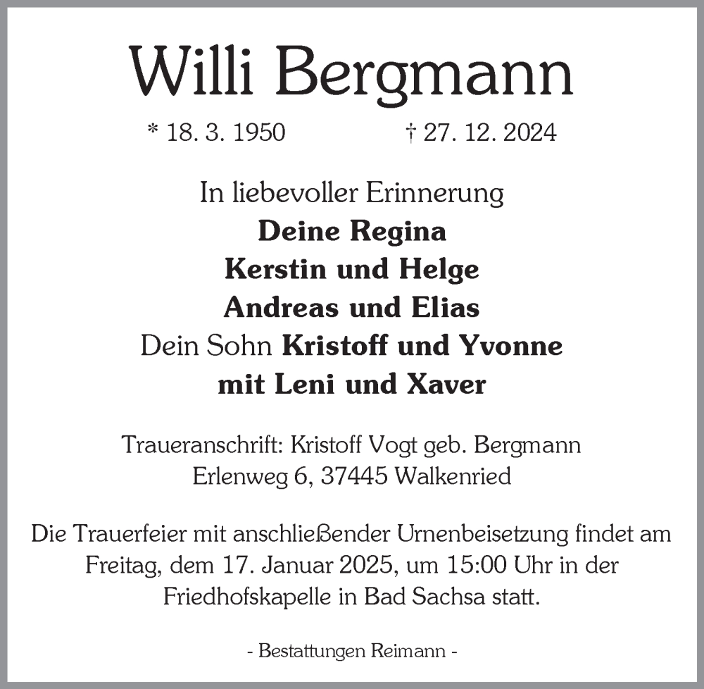  Traueranzeige für Willi Bergmann vom 04.01.2025 aus Harz Kurier