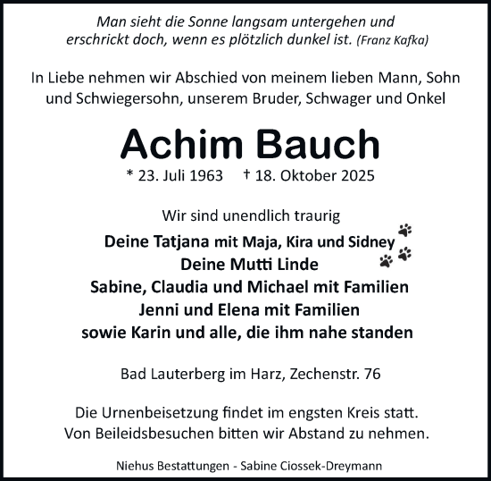 Traueranzeige von Achim Bauch von Harz Kurier