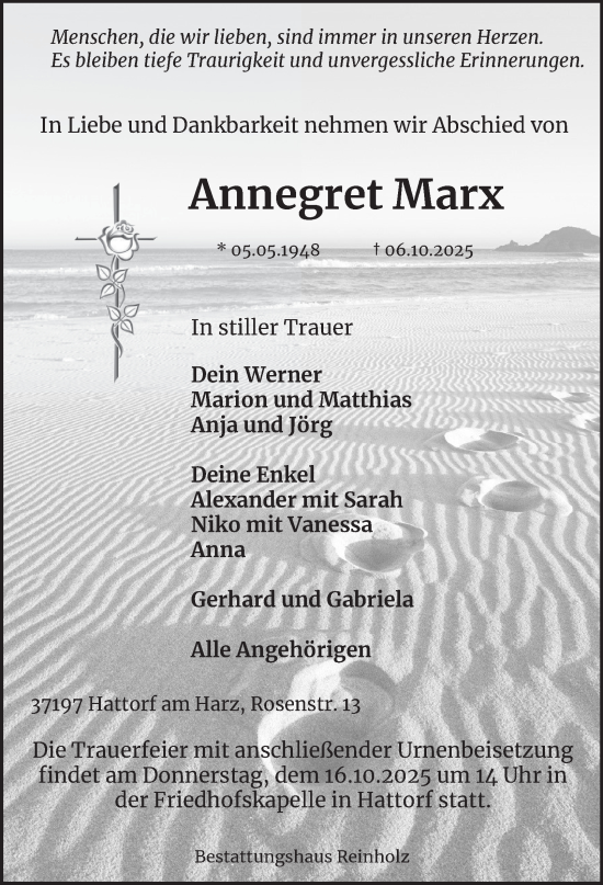 Traueranzeige von Annegret Marx von Harz Kurier