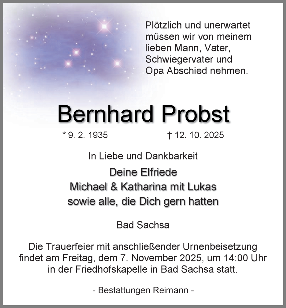  Traueranzeige für Bernhard Probst vom 25.10.2025 aus Harz Kurier