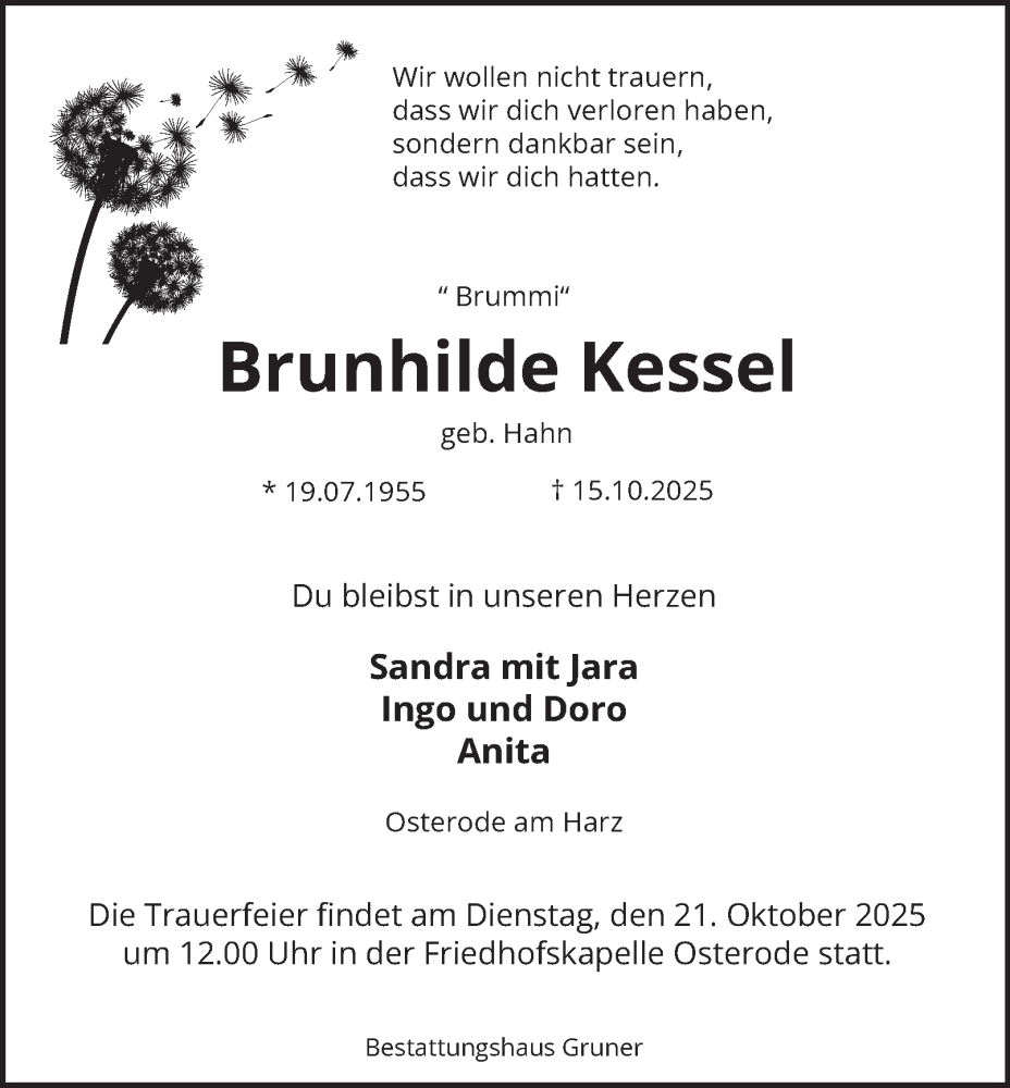  Traueranzeige für Brunhilde Kessel vom 18.10.2025 aus Harz Kurier