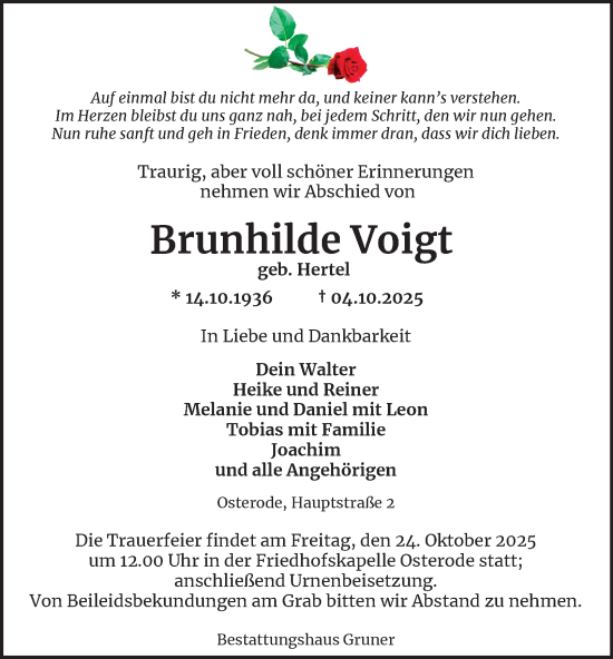 Traueranzeige von Brunhilde Voigt von Harz Kurier