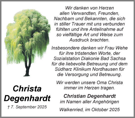 Traueranzeige von Christa Degenhardt von Harz Kurier