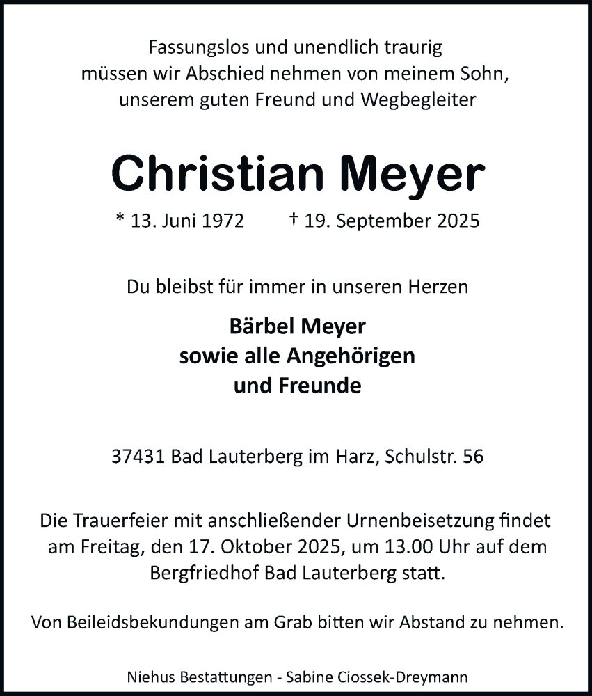  Traueranzeige für Christian Meyer vom 04.10.2025 aus Harz Kurier