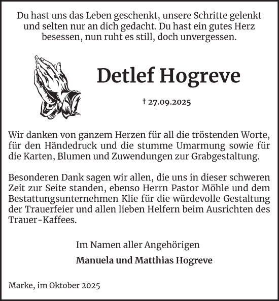 Traueranzeige von Detlef Hogreve von Harz Kurier