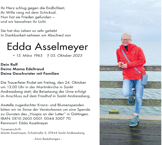 Traueranzeige von Edda Asselmeyer von Harz Kurier