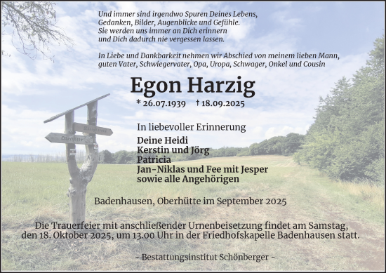Traueranzeige von Egon Harzig von Harz Kurier