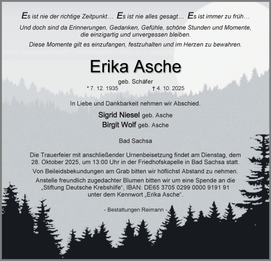 Traueranzeige von Erika Asche von Harz Kurier