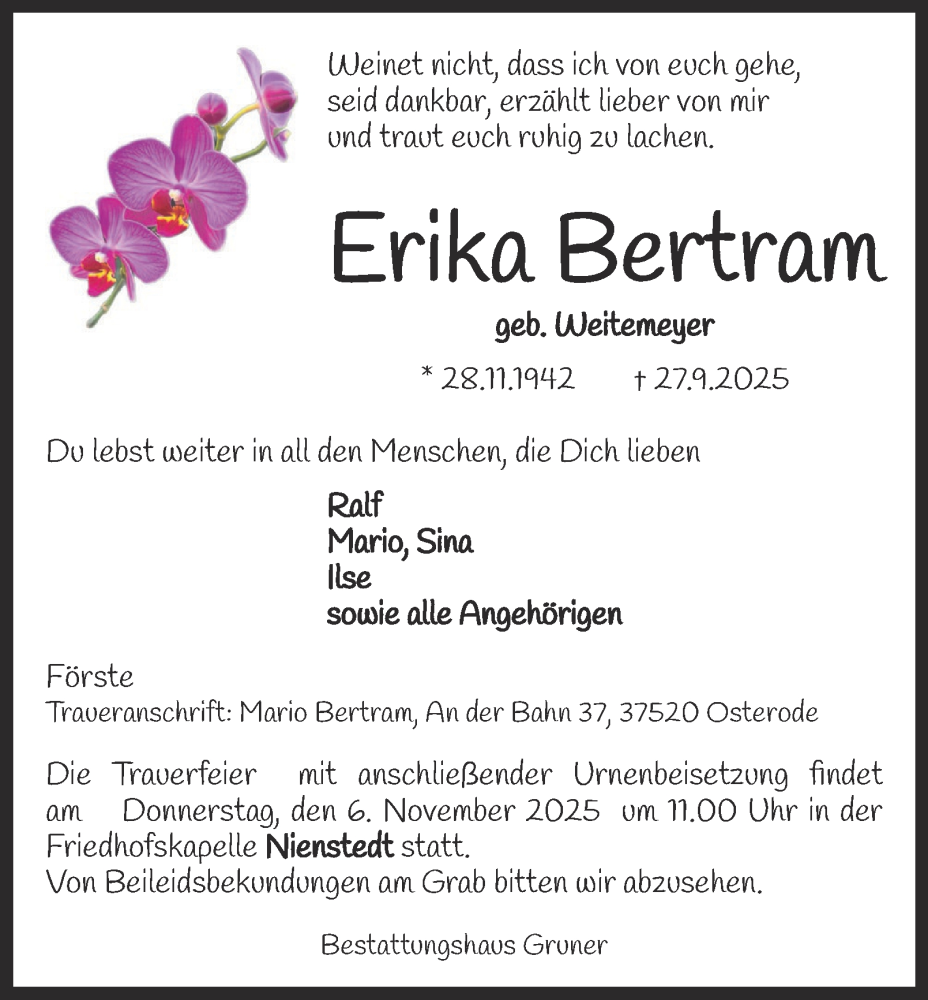  Traueranzeige für Erika Bertram vom 25.10.2025 aus Harz Kurier