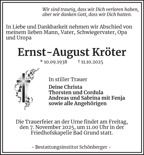 Traueranzeige von Ernst-August Kröter von Harz Kurier