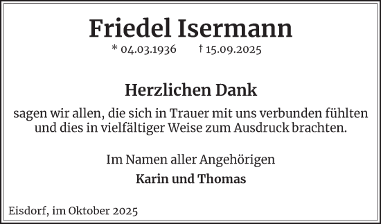 Traueranzeige von Friedel Isermann von Harz Kurier