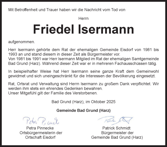 Traueranzeige von Friedel Isermann von Harz Kurier