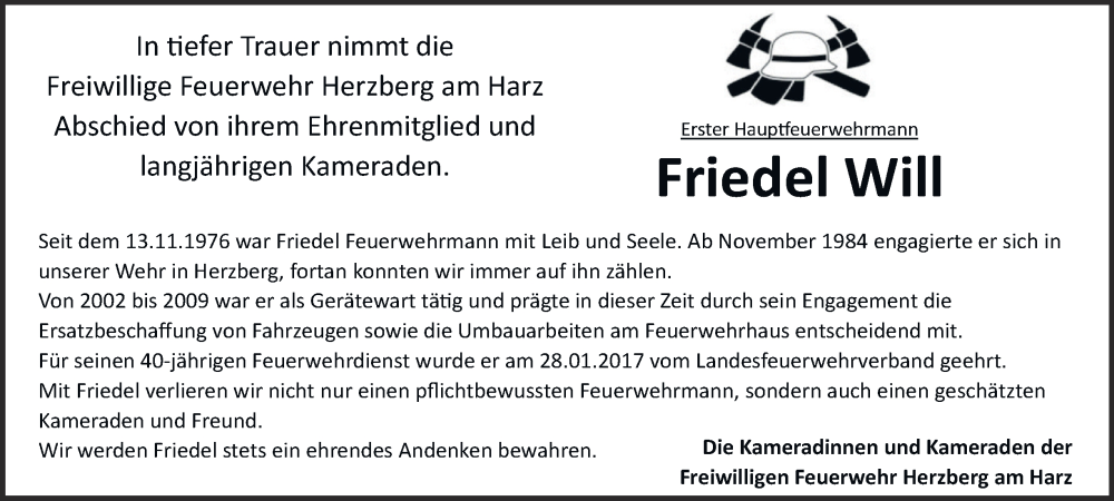  Traueranzeige für Friedel Will vom 18.10.2025 aus Harz Kurier