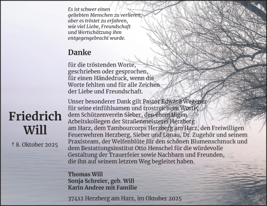 Traueranzeige von Friedrich Will von Harz Kurier